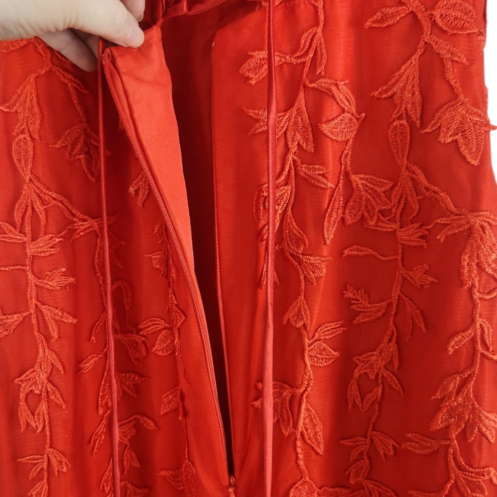 Red Leaf Detail High Slit Trumpet Gown Sz 2 Vamp Bustier Sheer Mesh Maxi Formal - Picture 10 of 13